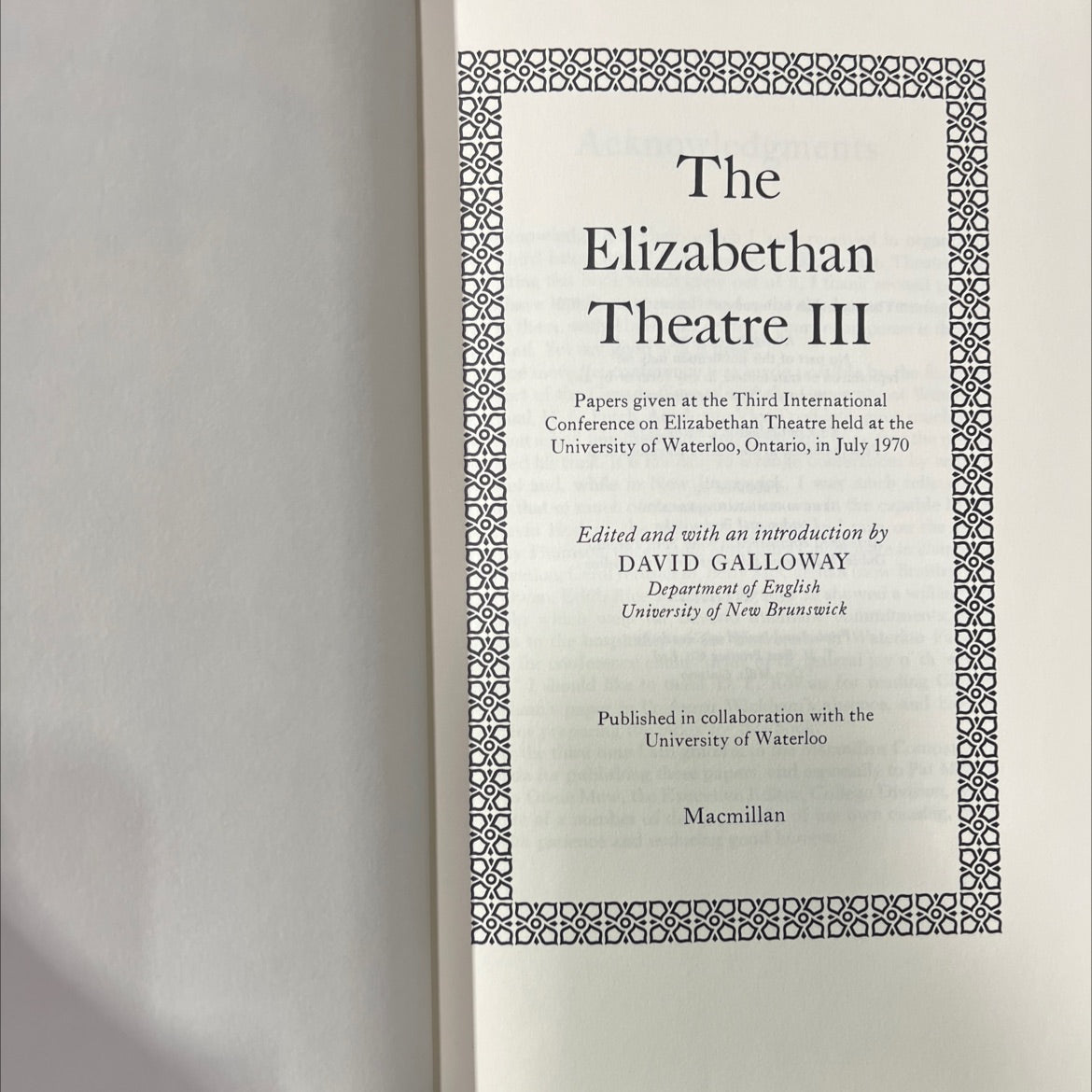the elizabethan theatre iii book, by david galloway, 1973 Hardcover image 2