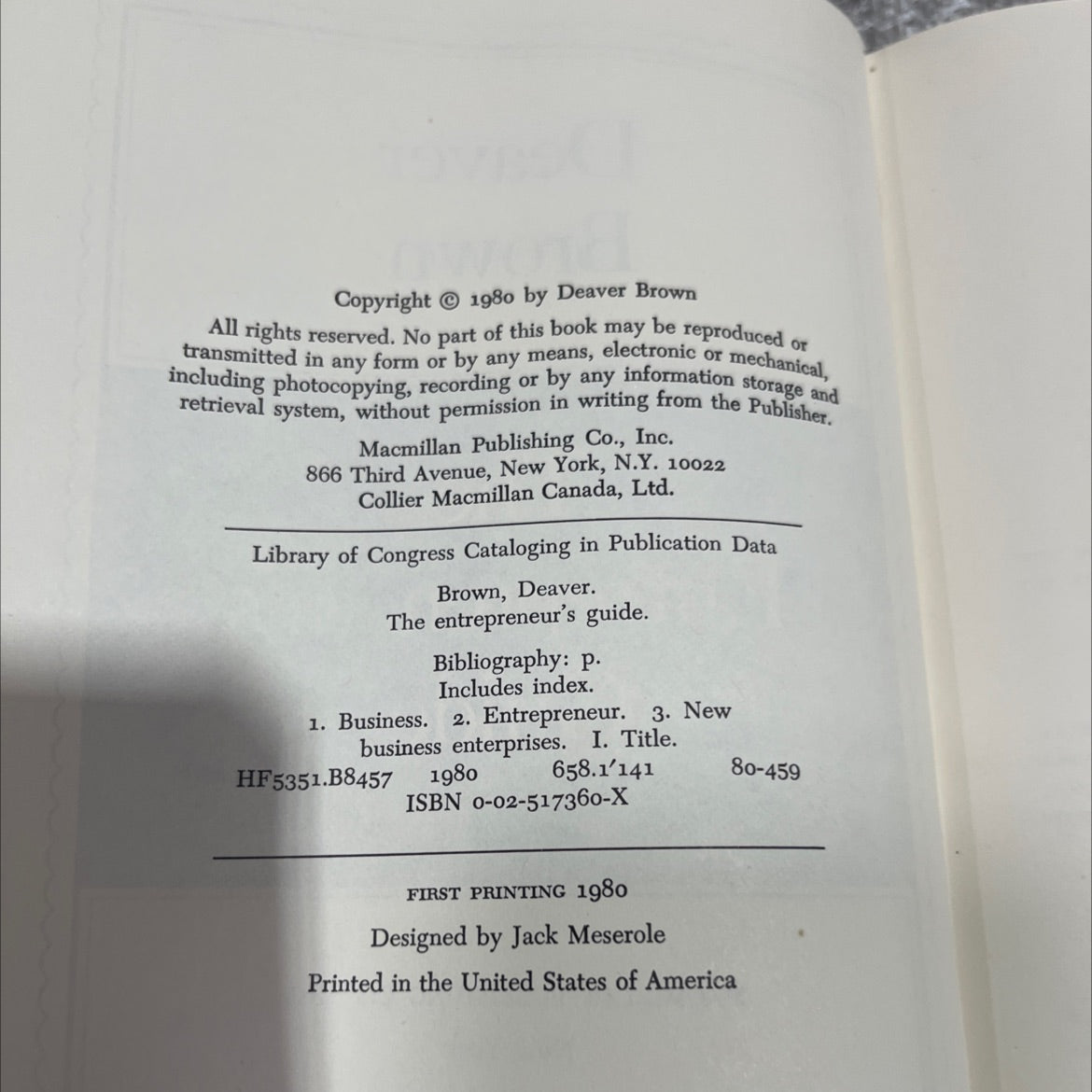 the entrepreneur's guide book, by Deaver Brown, 1980 Hardcover image 3