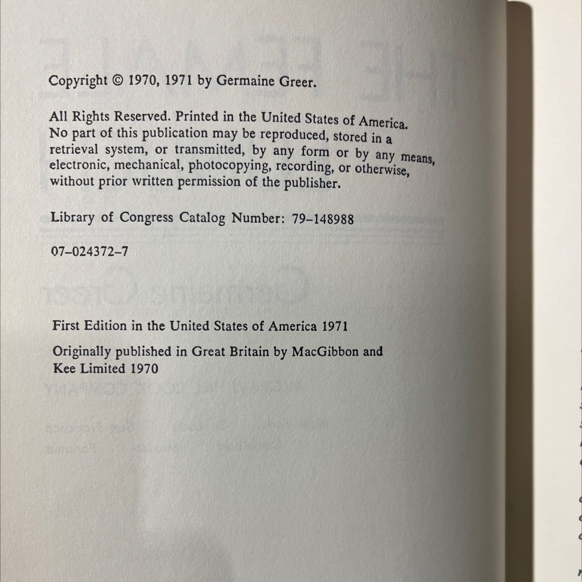 the female eunuch book, by germaine greer, 1971 Hardcover image 3