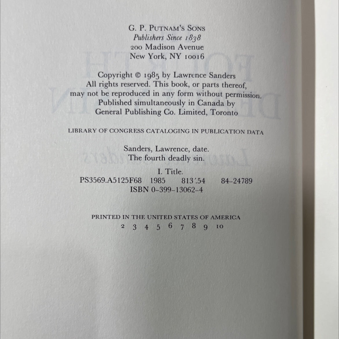 the fourth deadly sin book, by Lawrence Sanders, 1985 Hardcover image 3