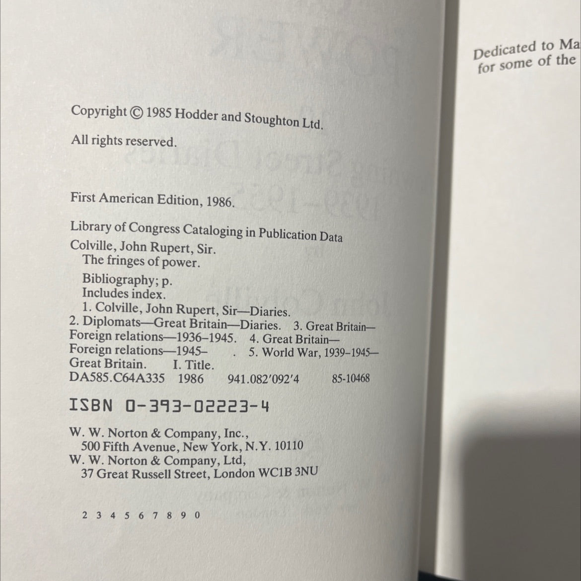 the fringes of power 10 downing street diaries 1939-1955 book, by John Colville, 1986 Hardcover image 3