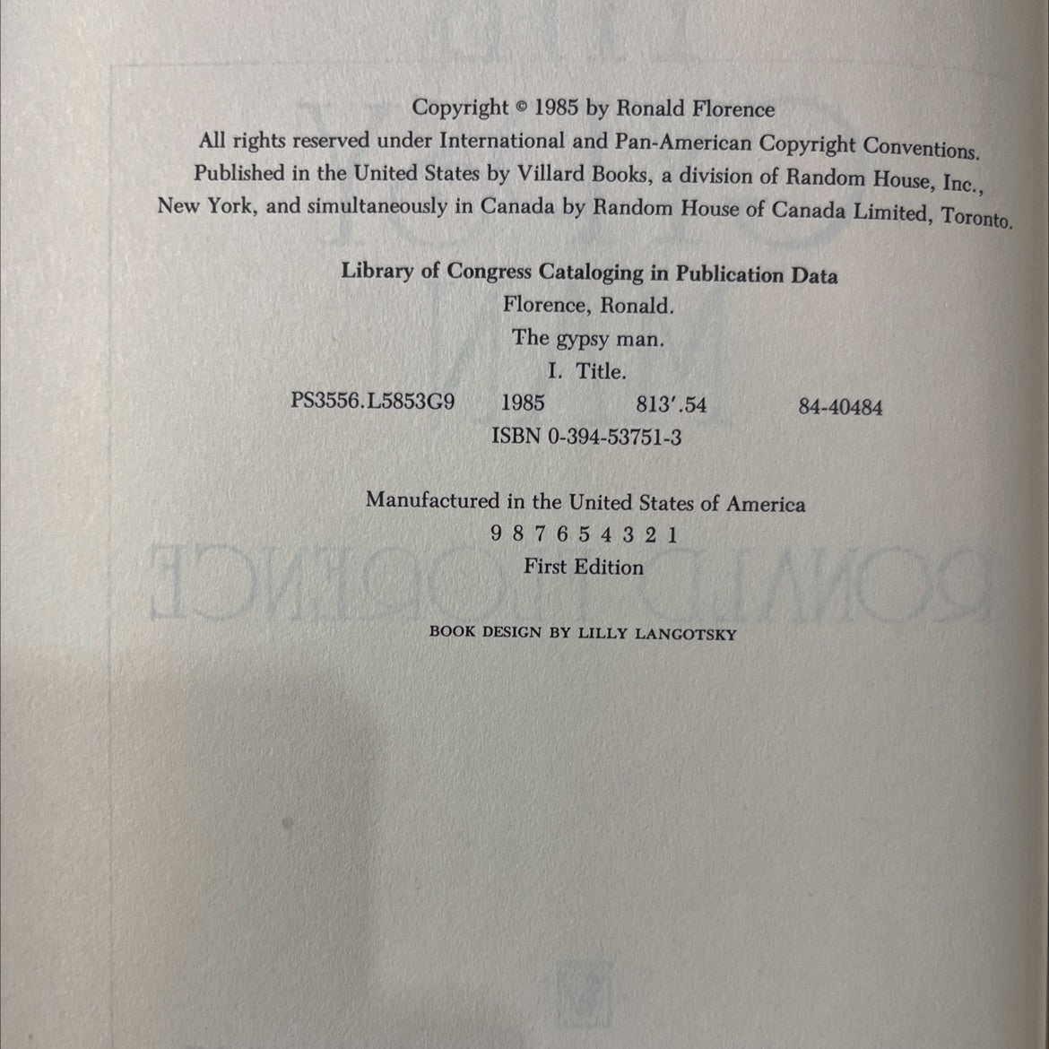 the gypsy man book, by ronald florence, 1985 Hardcover image 3