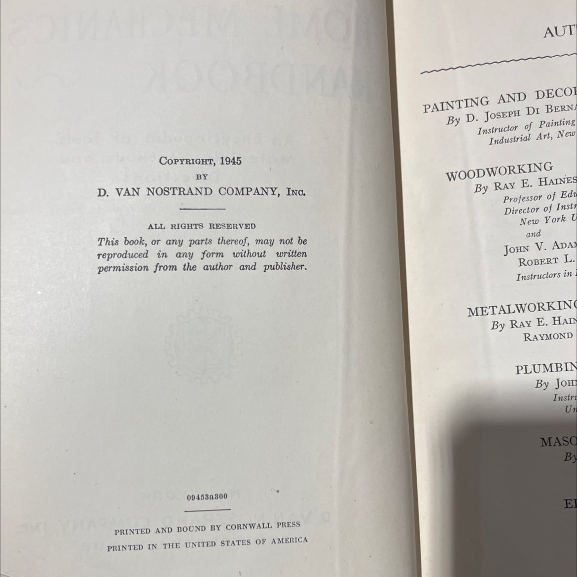 the home mechanic's handbook book, by d. joseph di berna, ray e. haines, john v. adan, 1945 Hardcover image 3