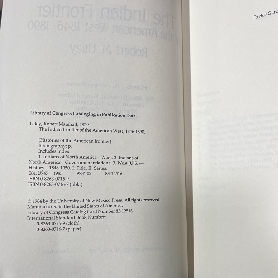 the indian frontier of the american west 1846-1890 book, by robert m. utley, 1984 Hardcover image 3