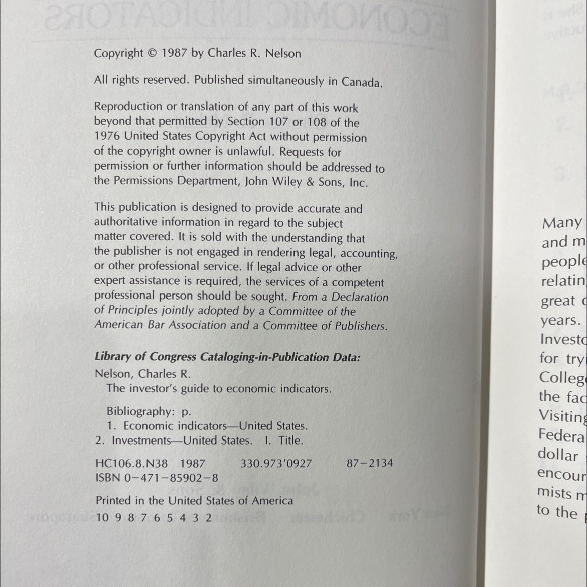 the investor's guide to economic indicators book, by Charles R. Nelson, 1987 Hardcover image 3