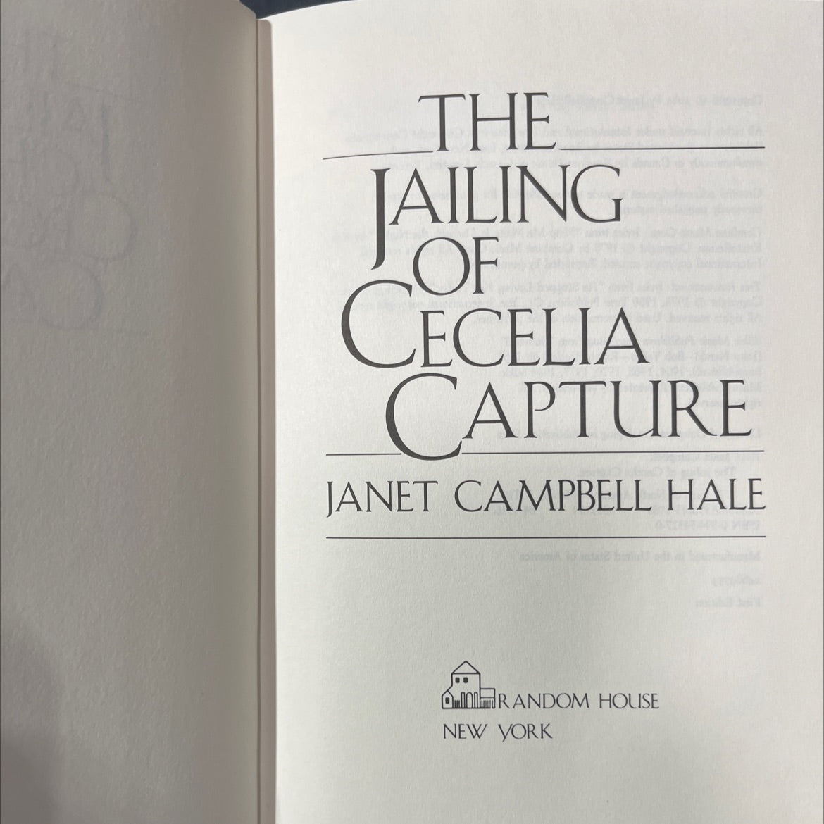 the jailing of cecelia capture book, by janet campbell hale, 1985 Hardcover image 2