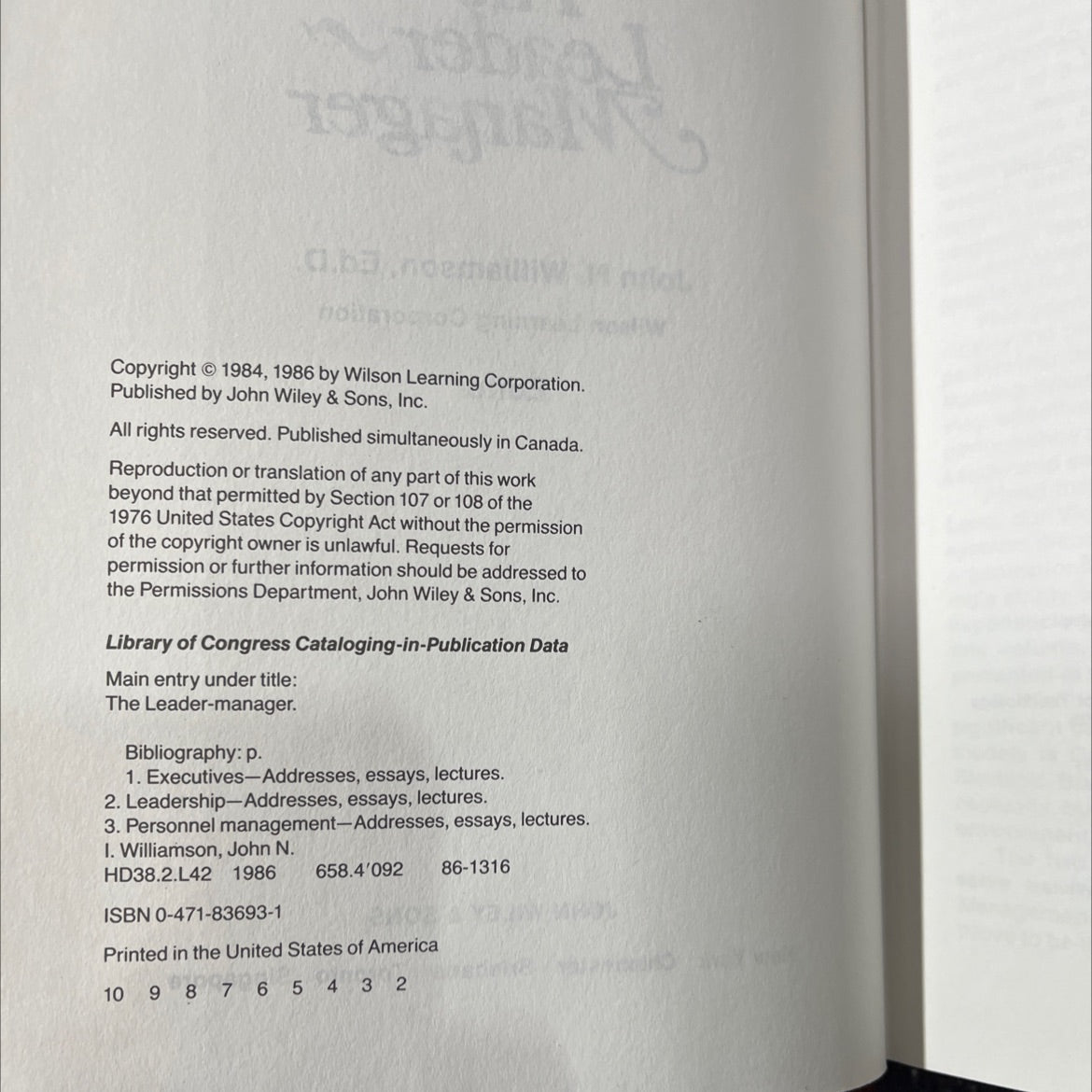 the leader-manager book, by John N. Williamson, 1986 Hardcover image 3