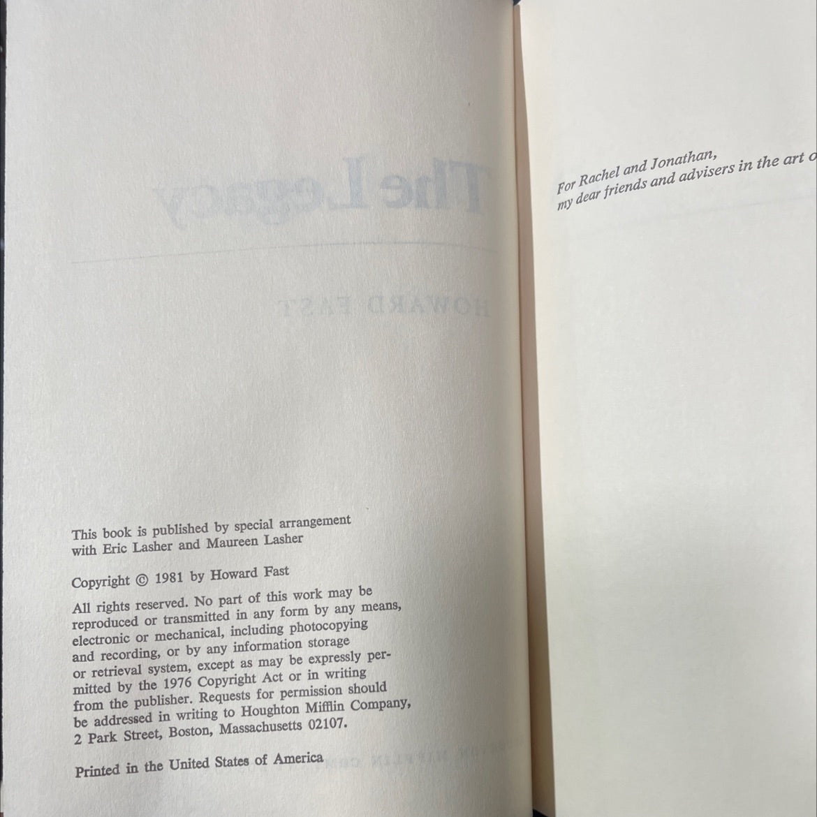 the legacy book, by howard fast, 1981 Hardcover image 3