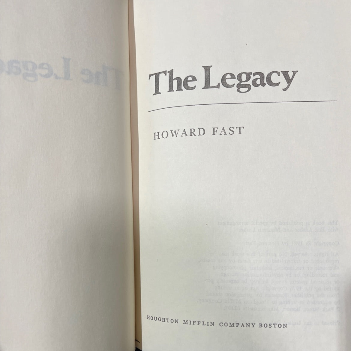 the legacy book, by howard fast, 1981 Hardcover image 2