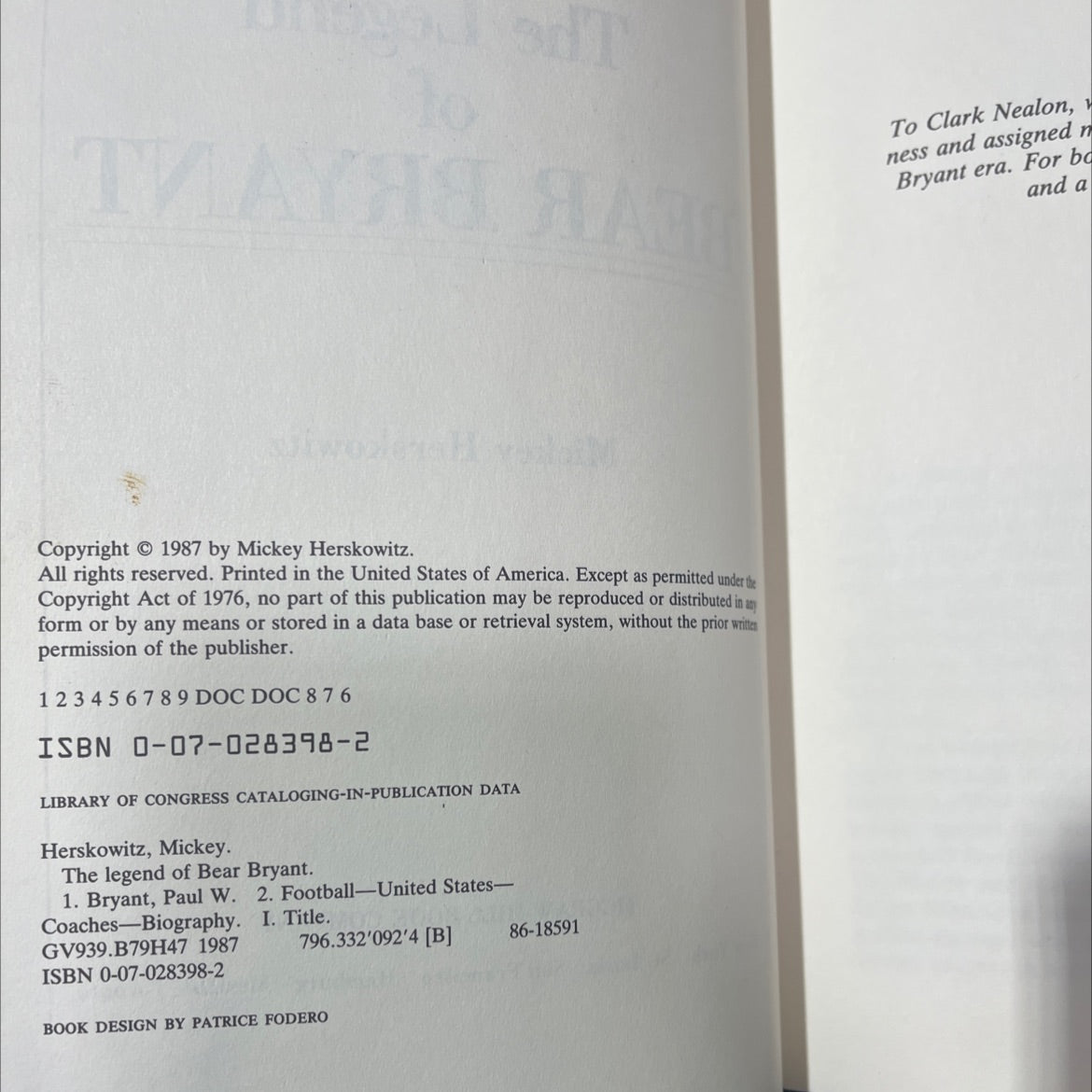 the legend of bear bryant book, by Mickey Herskowitz, 1987 Hardcover image 3