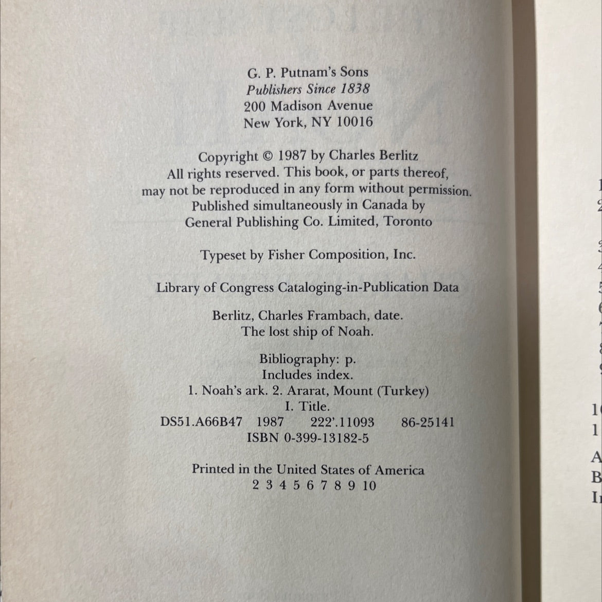 the lost ship of noah in search of the ark at ararat book, by charles berlitz, 1987 Hardcover image 3