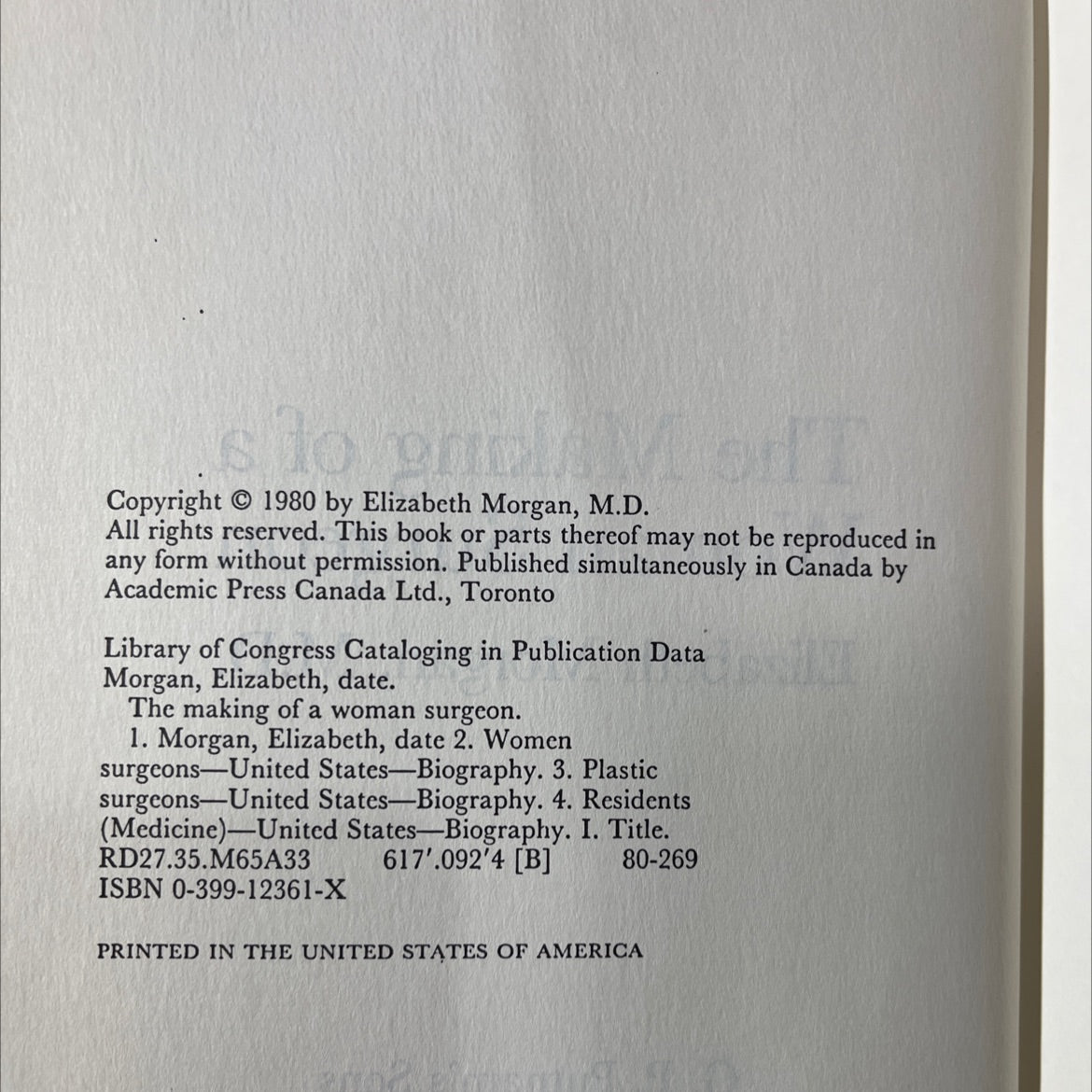 the making of a woman surgeon book, by Elizabeth Morgan, M.D., 1980 Hardcover image 3