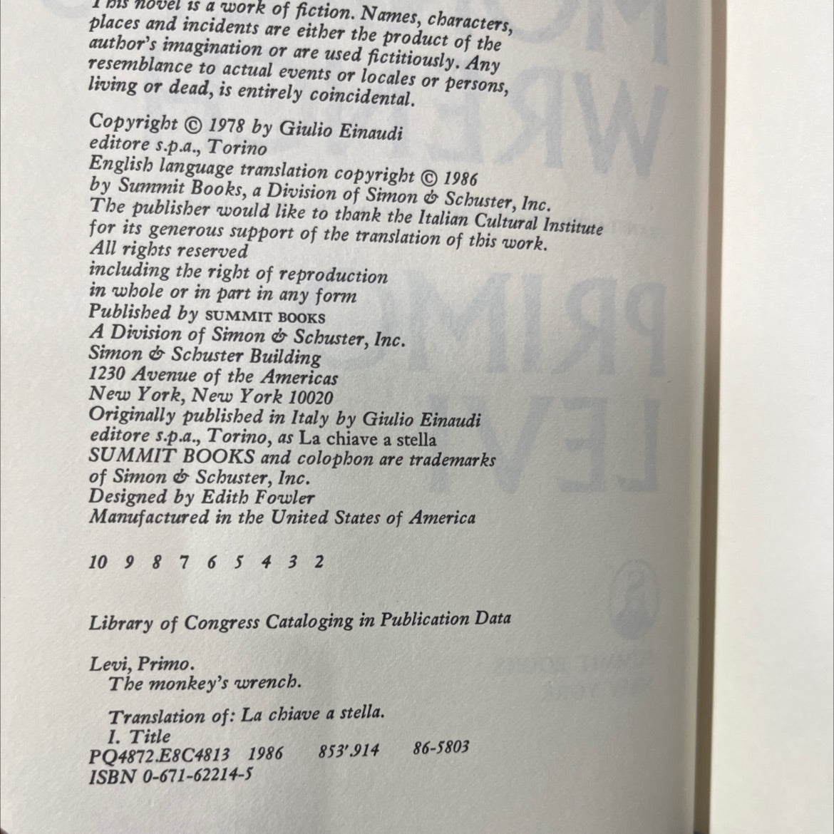 the monkey's wrench book, by Primo Levi, 1986 Hardcover image 3