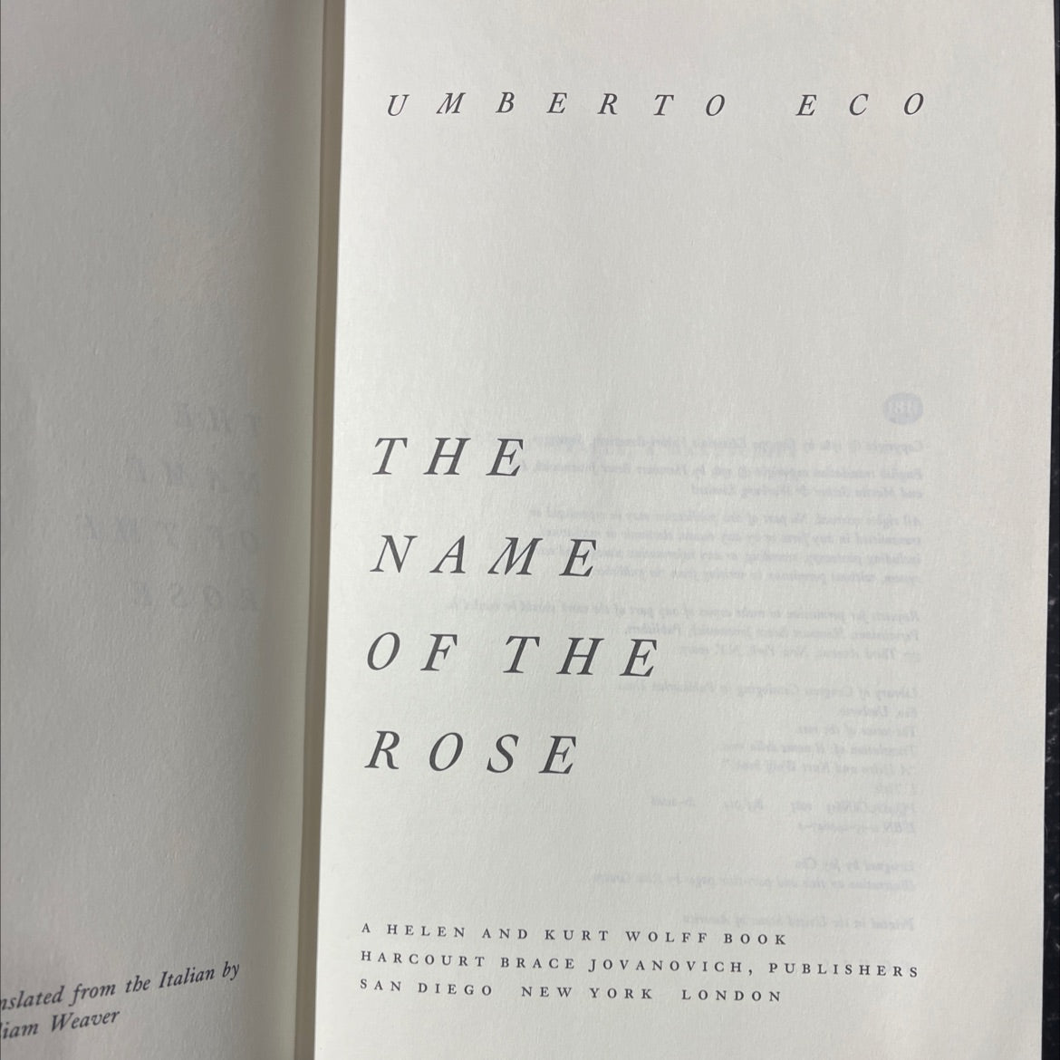 the name of the rose book, by Umberto Eco, 1983 Hardcover image 2