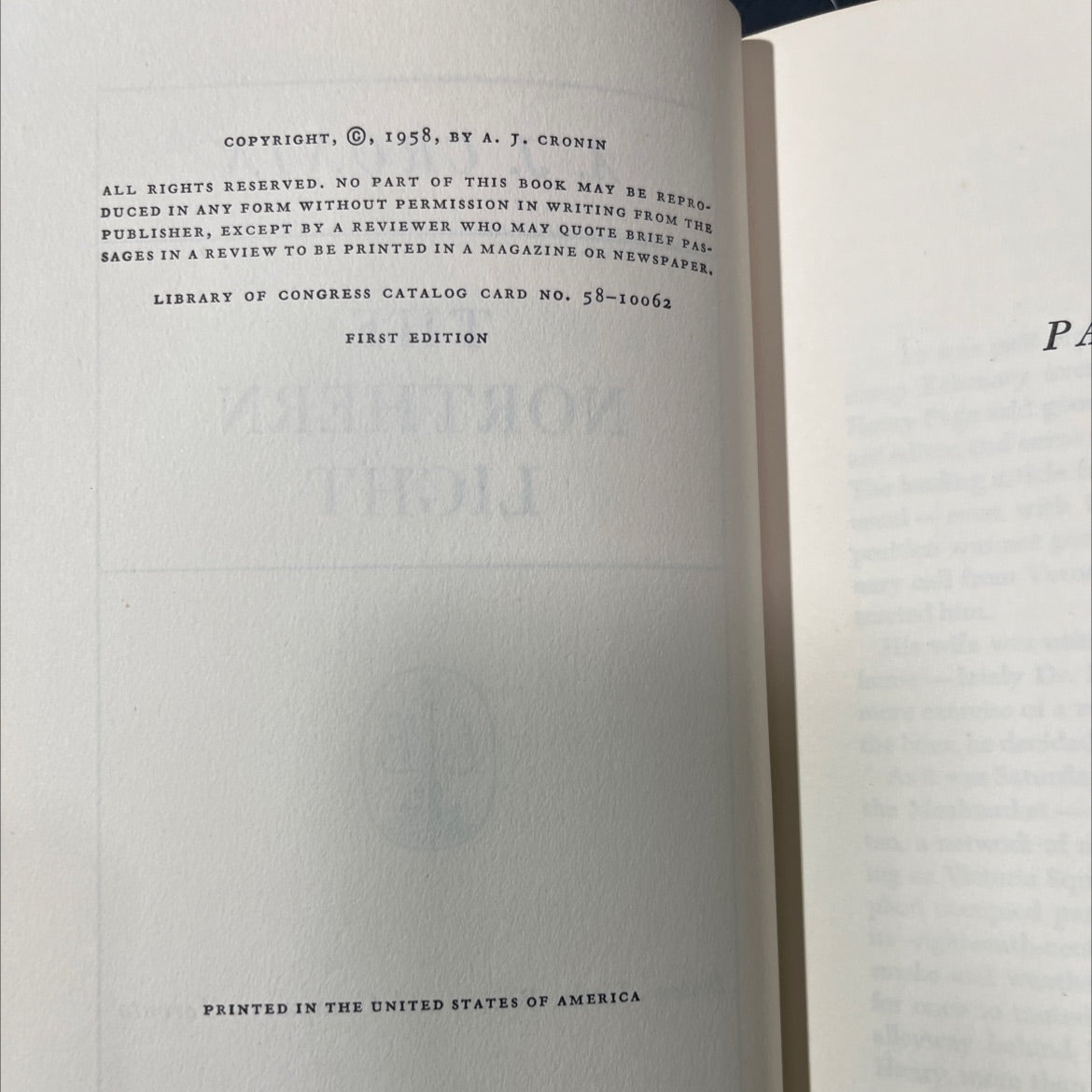 the northern light book, by A. J. Cronin, 1958 Hardcover image 3
