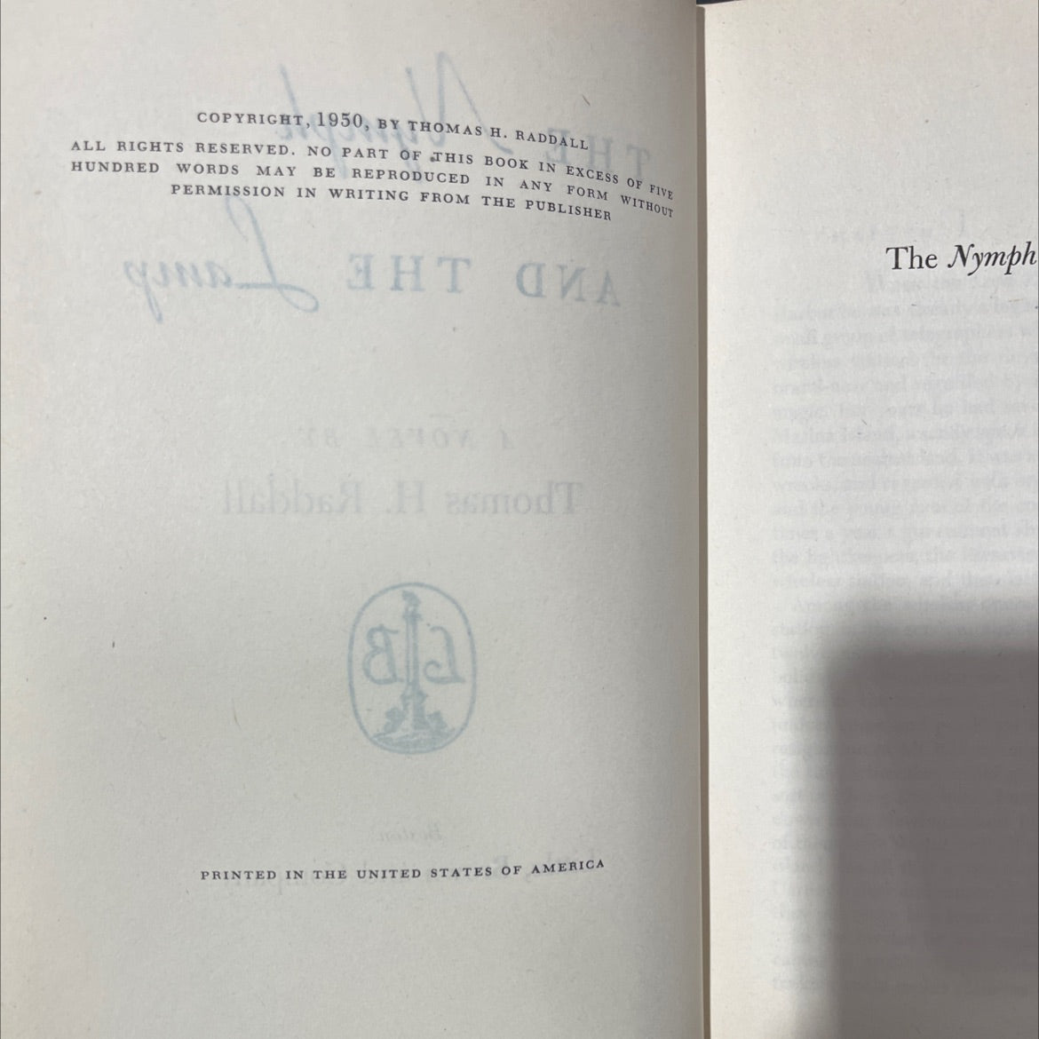 the nymph and the lamp book, by Thomas H. Raddall, 1950 Hardcover image 3
