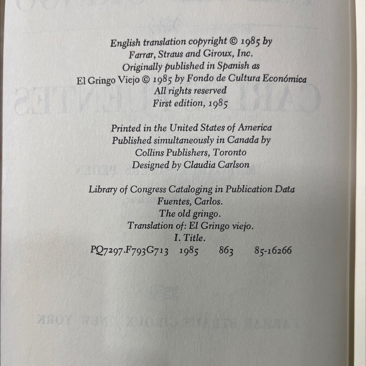 the old gringo book, by carlos fuentes, 1985 Hardcover image 3