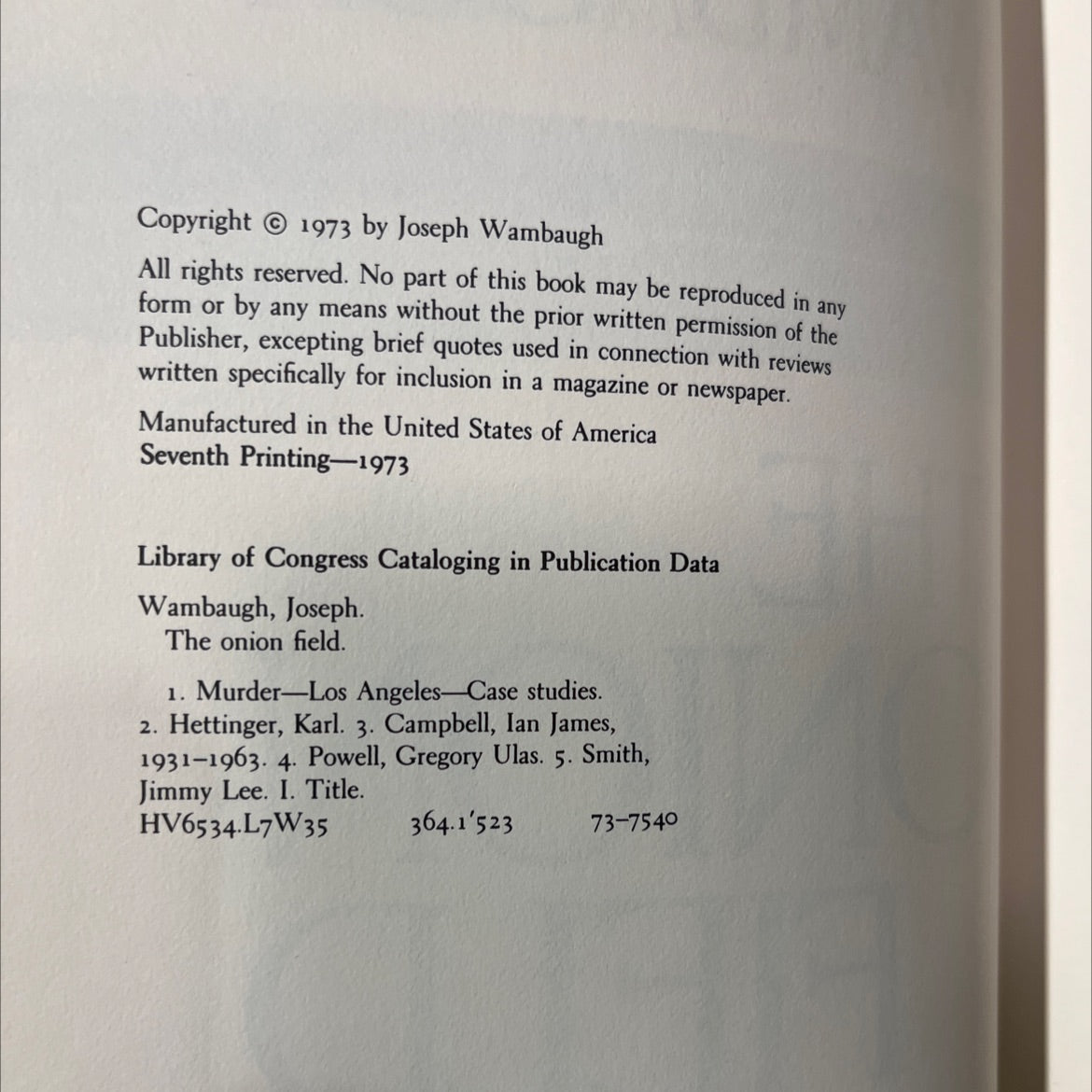 the onion field book, by Joseph Wambaugh, 1973 Hardcover image 3