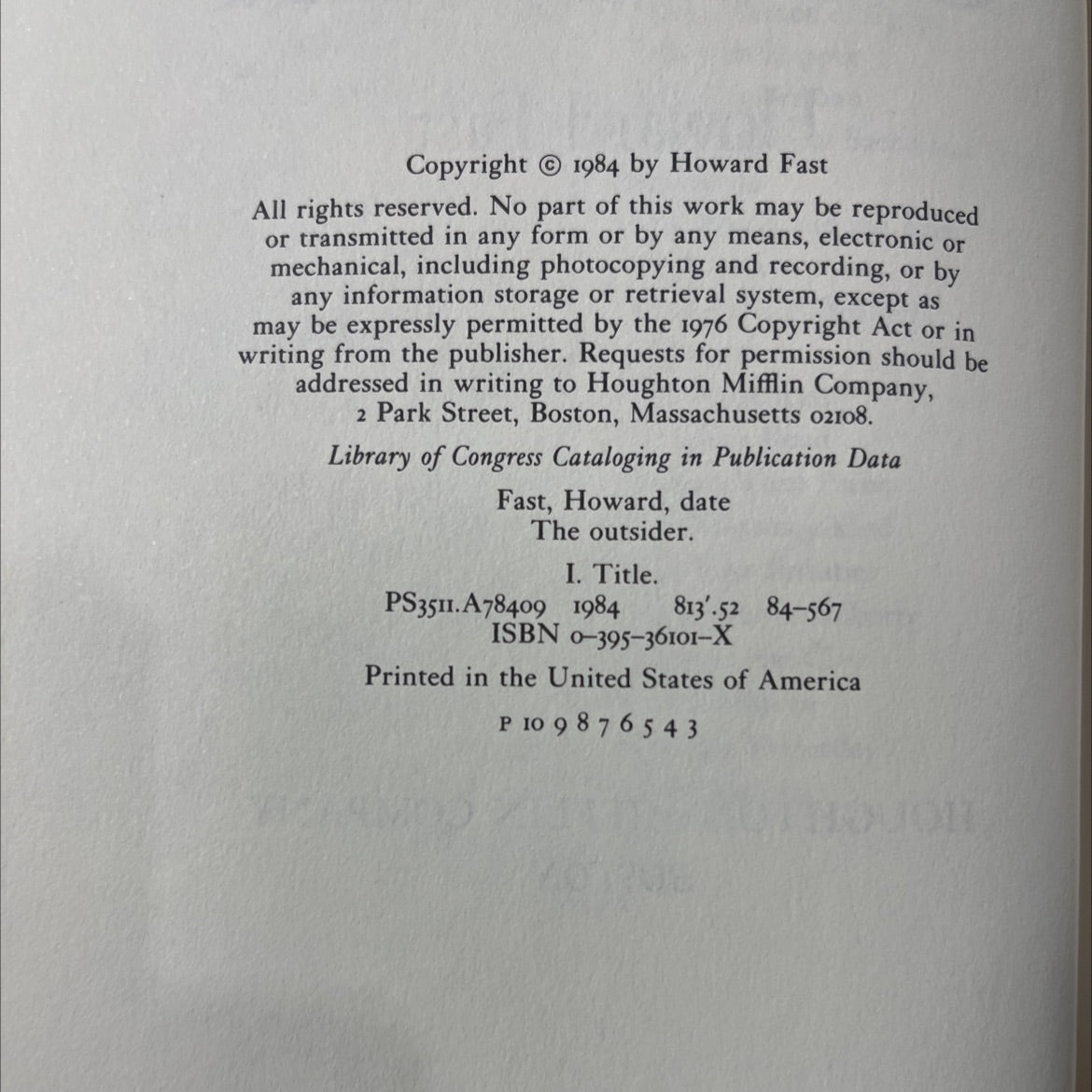 the outsider book, by Howard Fast, 1984 Hardcover image 3