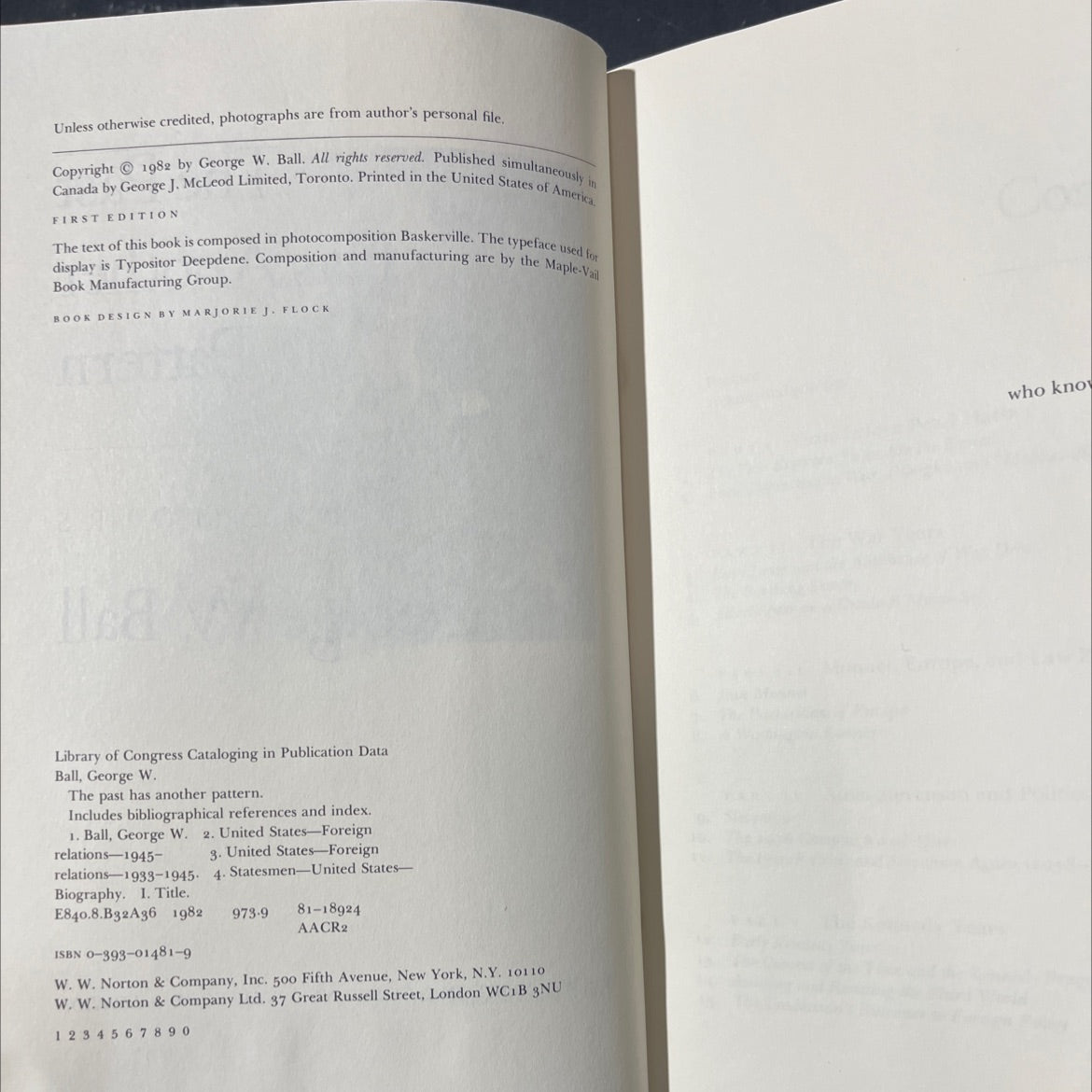 the past has another pattern memoirs book, by George W. Ball, 1982 Hardcover image 3