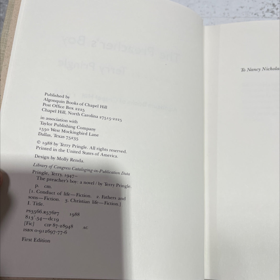 the preacher's boy book, by Terry Pringle, 1988 Hardcover image 3