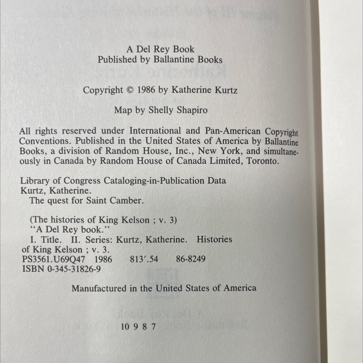 the quest for saint camber book, by Katherine Kurtz, 1986 Hardcover image 3