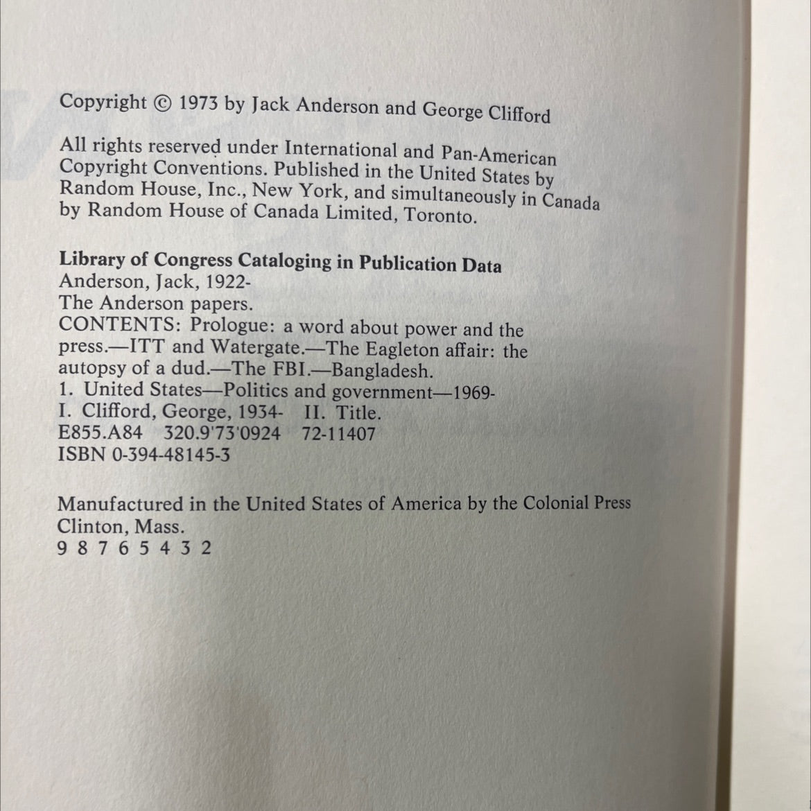 the random house new york anderson papers book, by Jack Anderson, 1973 Hardcover image 3