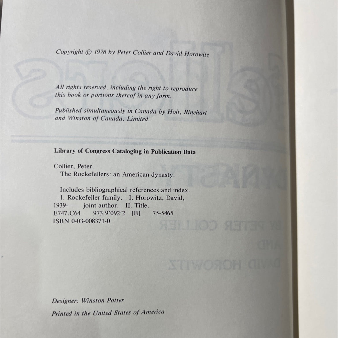 the rockefellers an american dynasty book, by Peter Collier and David Horowitz, 1976 Hardcover image 3