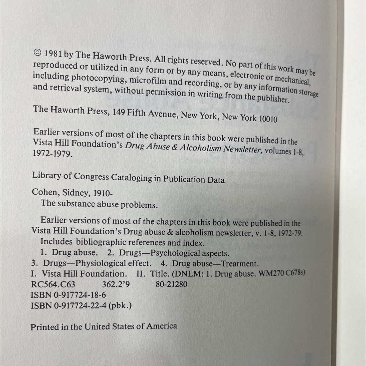 the substance abuse problems book, by Sidney Cohen, M.D., 1981 Hardcover image 3