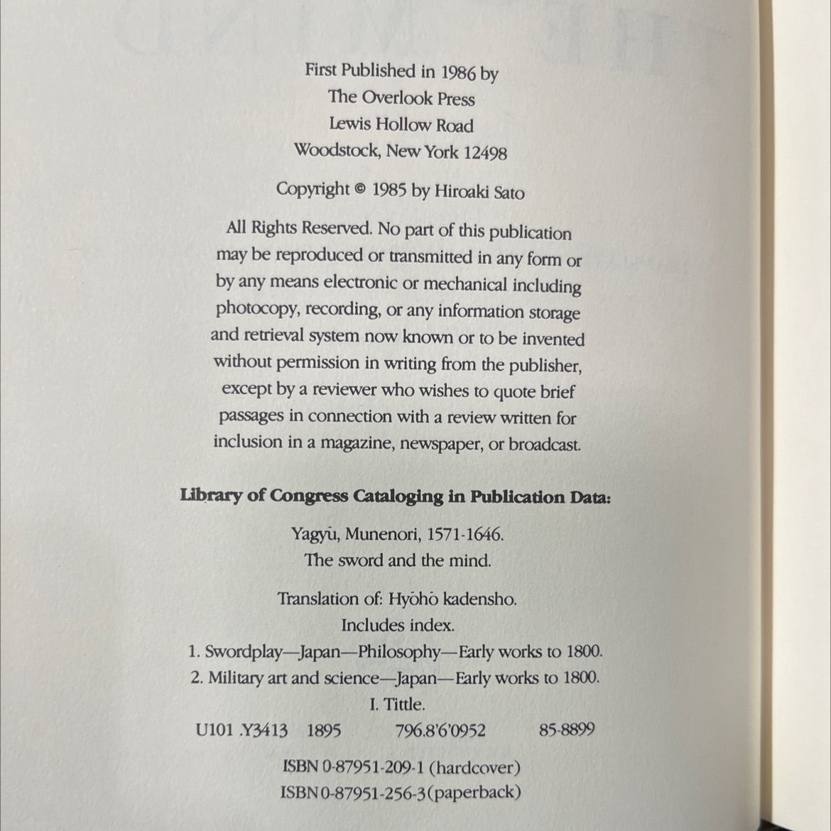 the sword and the mind book, by Yagyu Munenori, 1986 Hardcover image 3