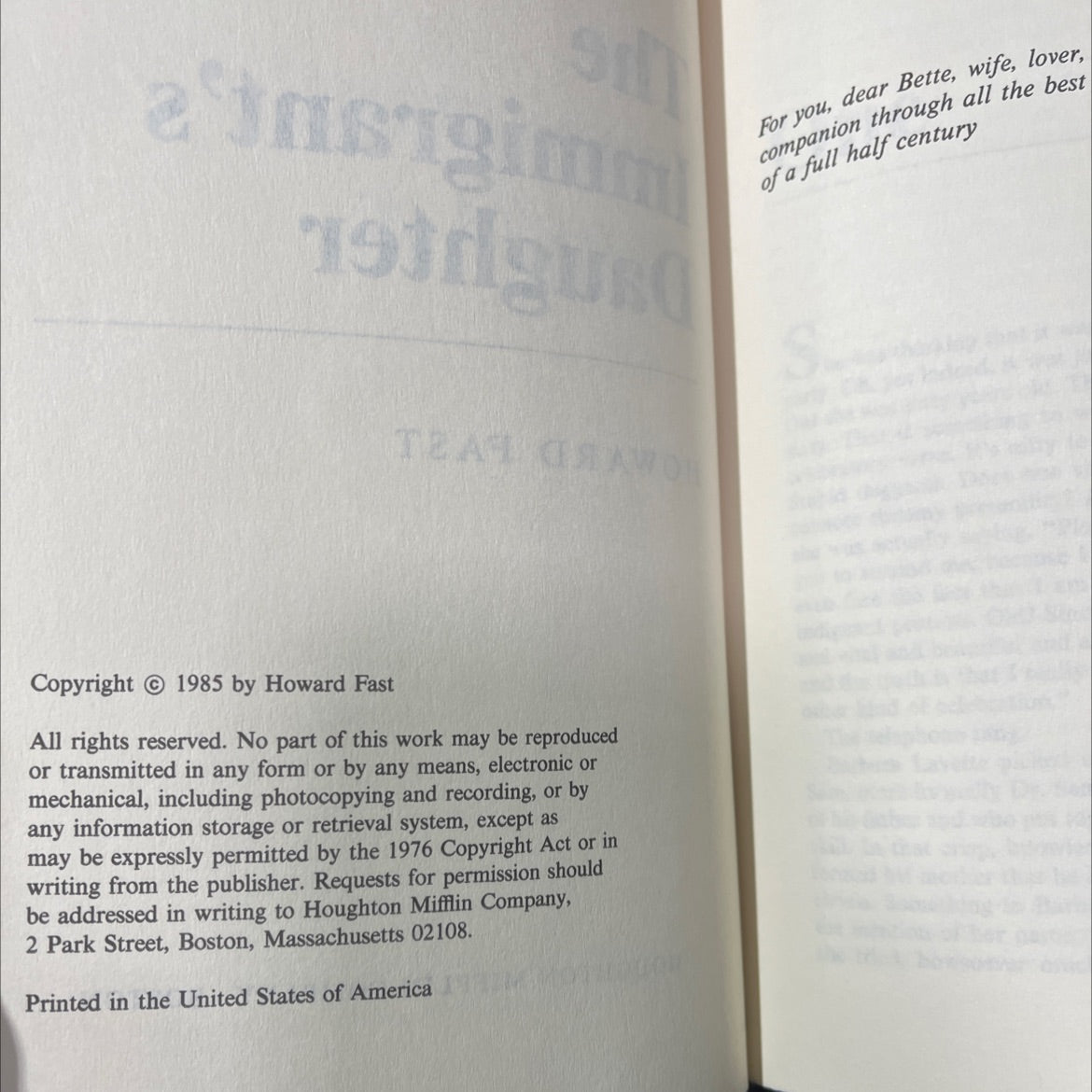 the ubc immigrant's daughter book, by howard fast, 1985 Hardcover image 3