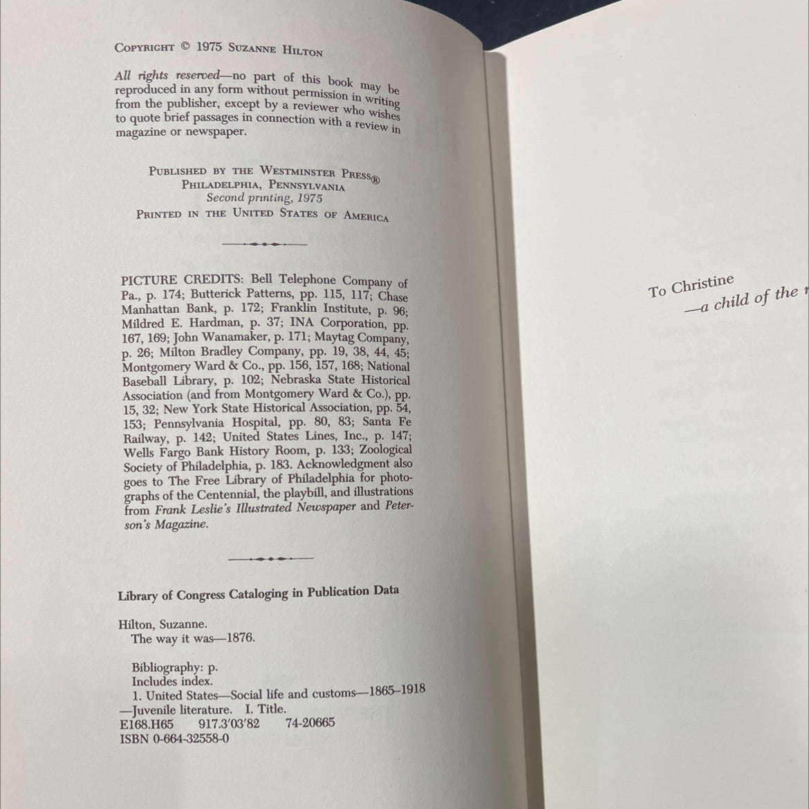 the way it was-1876 book, by suzanne hilton, 1975 Hardcover image 3