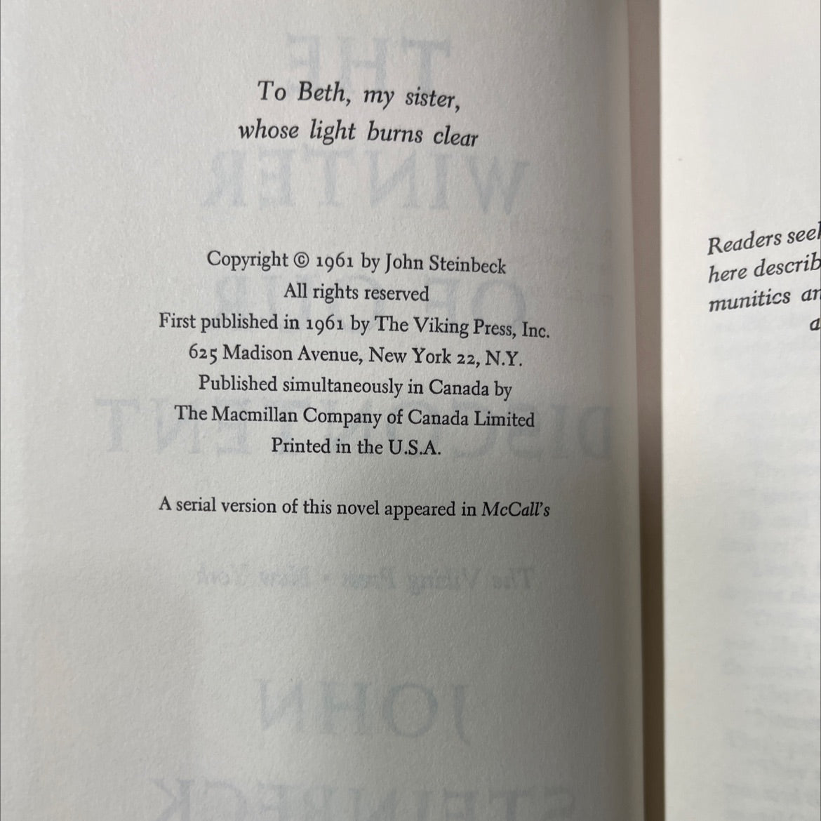 the winter of our discontent book, by john steinbeck, 1961 Hardcover image 3