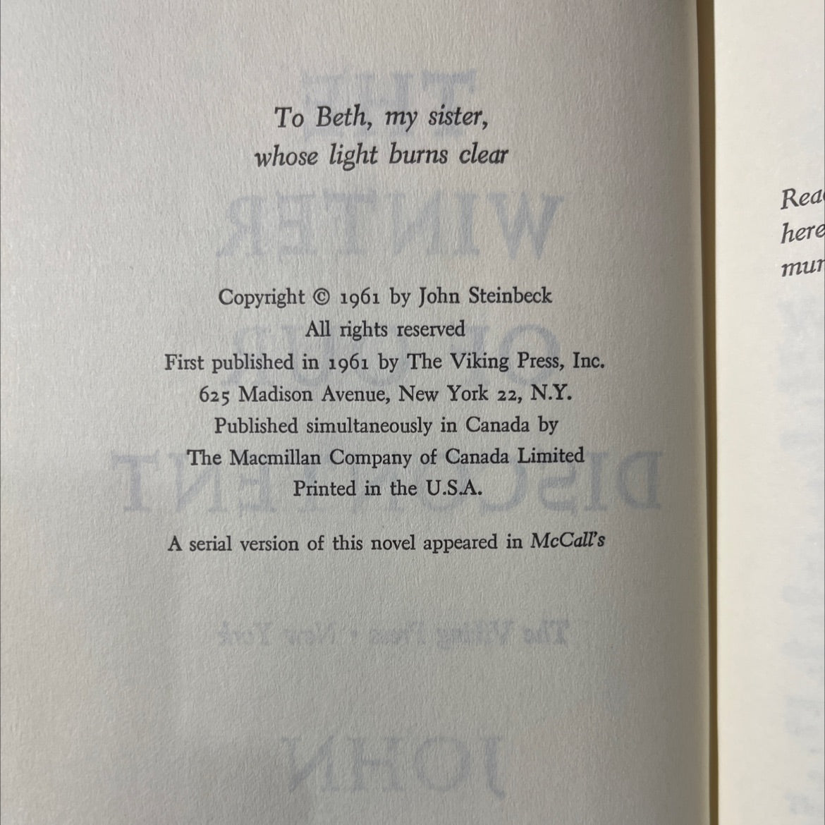 the winter of our discontent book, by john steinbeck, 1961 Hardcover image 3