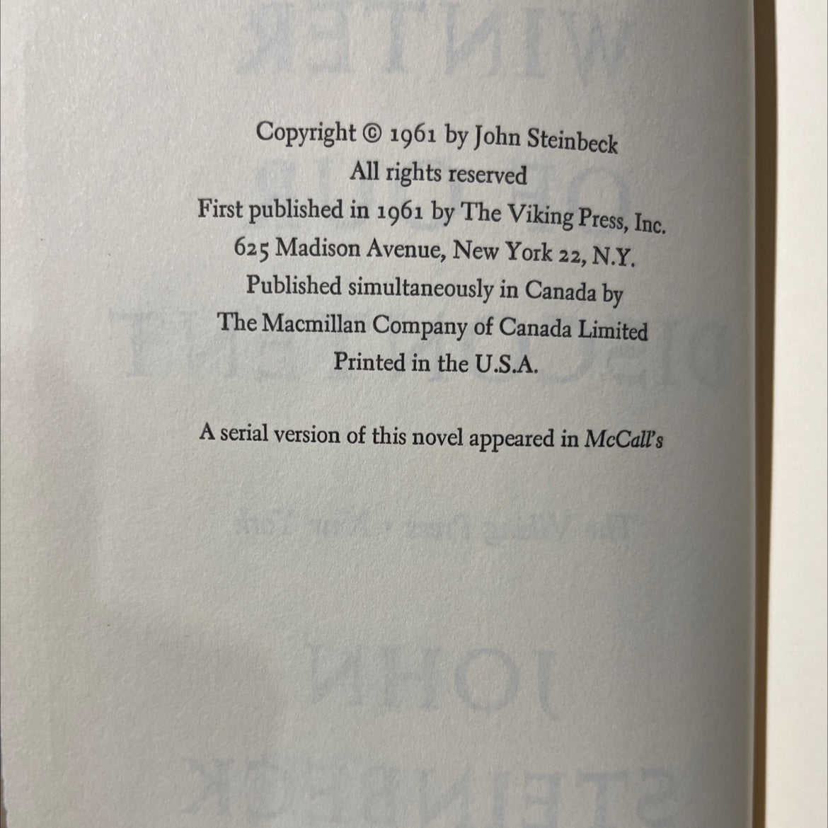 the winter of our discontent book, by john steinbeck, 1961 Hardcover image 3