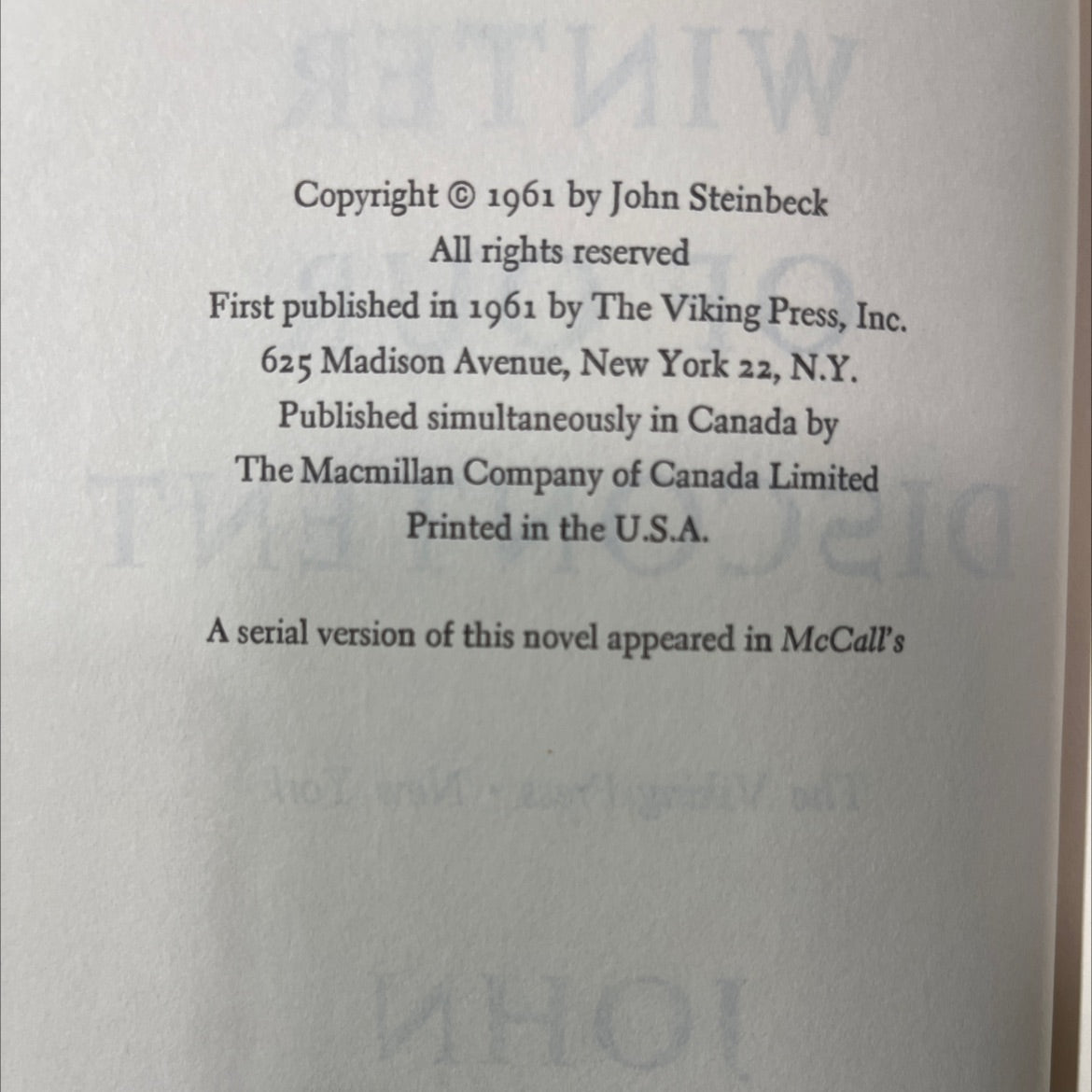 the winter of our discontent book, by john steinbeck, 1961 Hardcover image 3