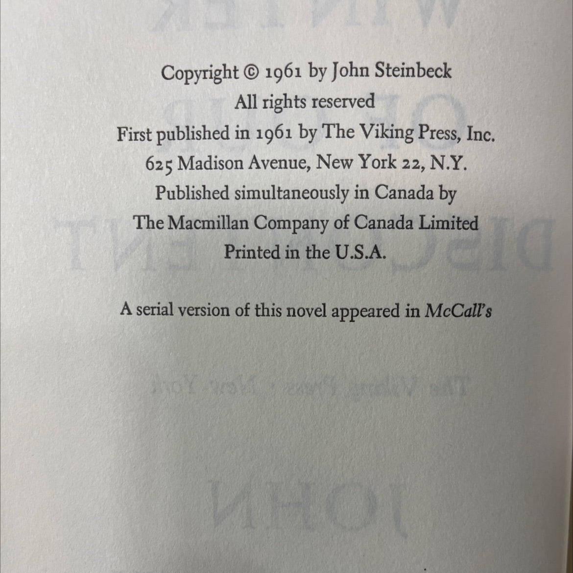 the winter of our discontent book, by john steinbeck, 1961 Hardcover image 3