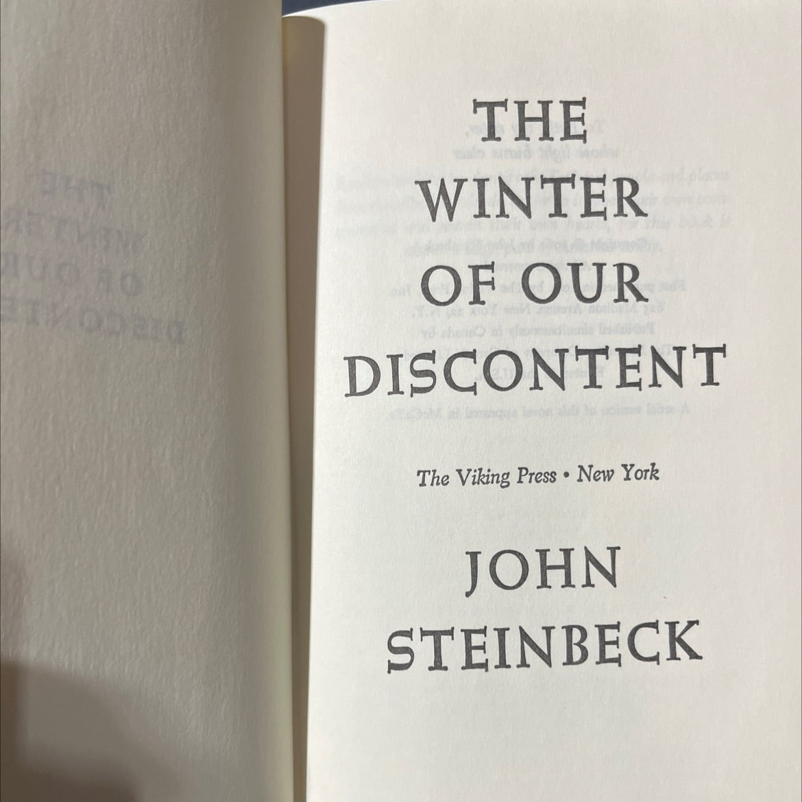 the winter of our discontent book, by john steinbeck, 1961 Hardcover image 2