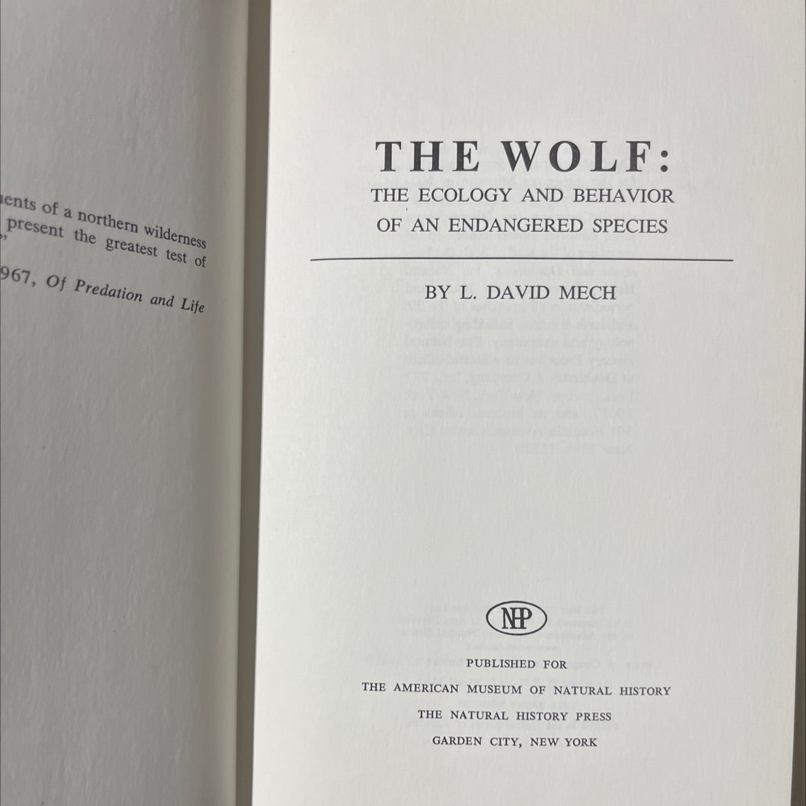 the wolf: the ecology and behavior of an endangered species book, by l. david mech, 1970 Hardcover image 2