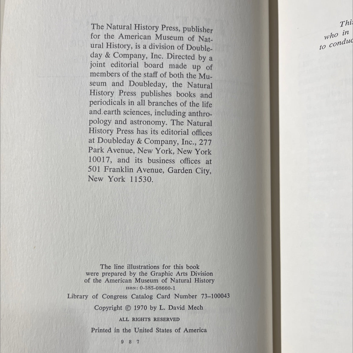 the wolf: the ecology and behavior of an endangered species book, by l. david mech, 1970 Hardcover image 3