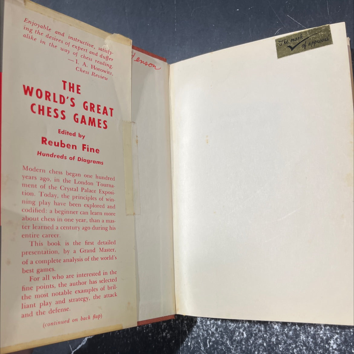 the world's great chess games book, by reuben fine, 1942 Hardcover image 4