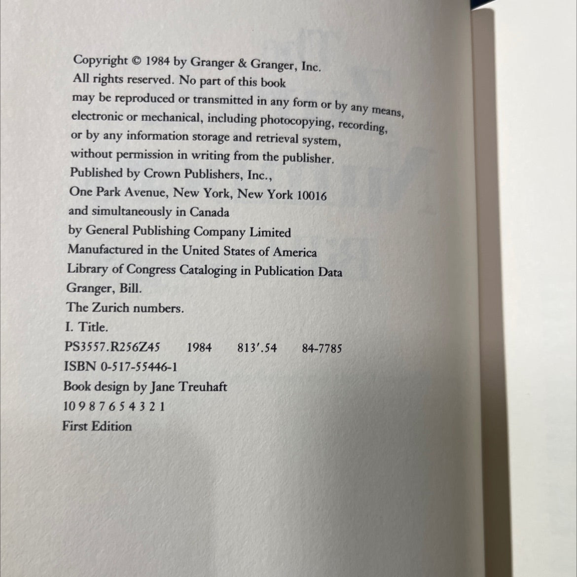 the zurich numbers book, by Bill Granger, 1984 Hardcover image 3