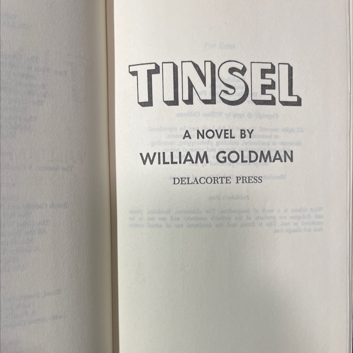 tinsel book, by william goldman, 1979 Hardcover image 2