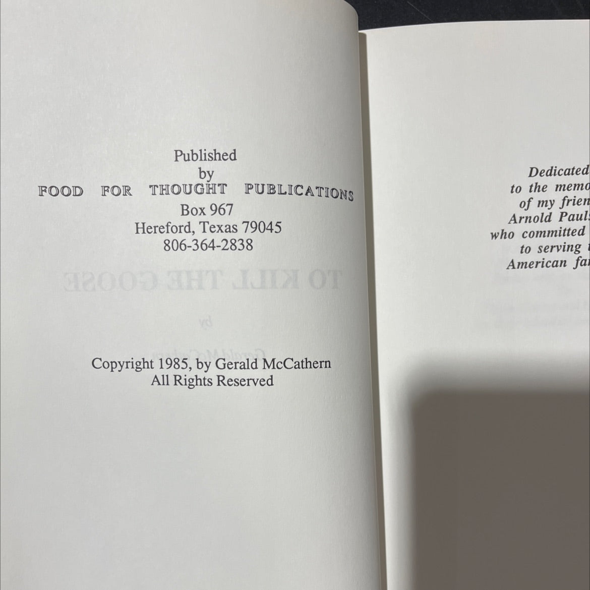 SIGNED to kill the goose book, by Gerald McCathern, 1985 Hardcover image 3