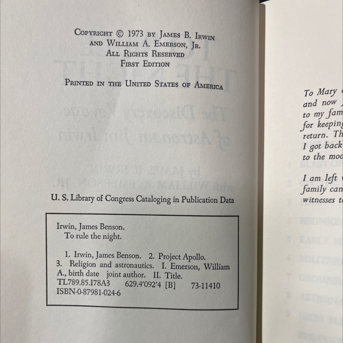 SIGNED to rule the night book, by james b. irwin with william a. emerson, jr., 1973 Hardcover, Vintage image 3