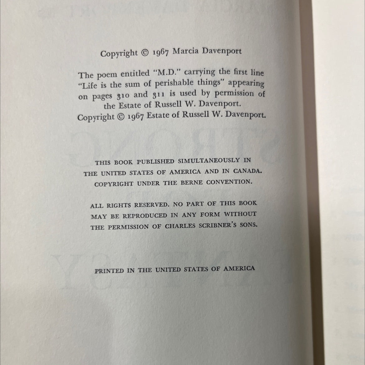 too strong for fantasy book, by marcia davenport, 1967 Hardcover image 3