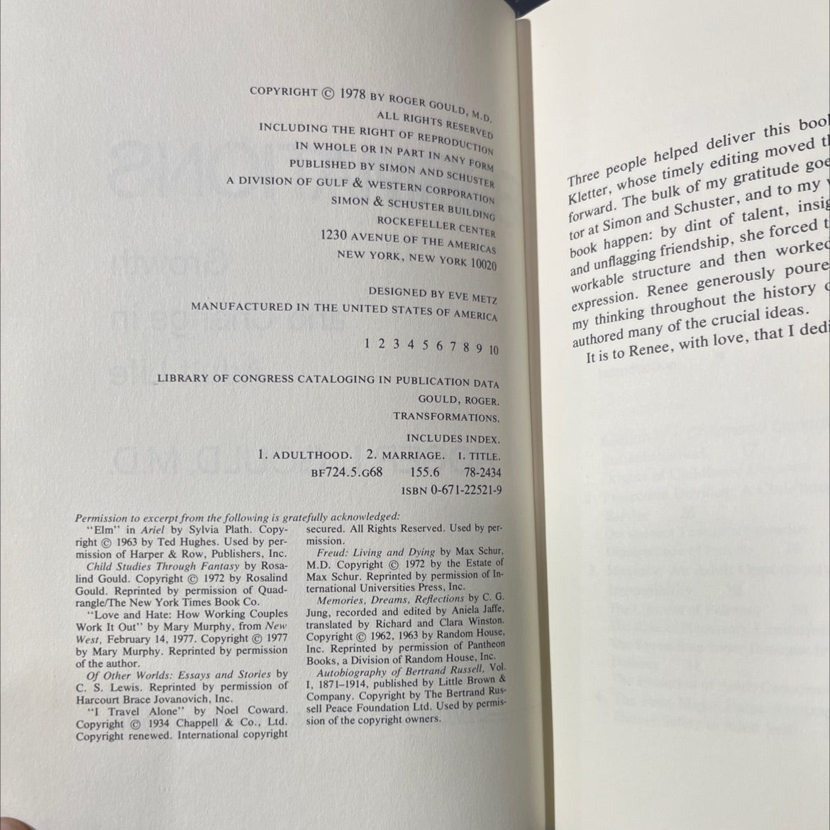 transformations growth and change in adult life book, by roger l. gould, m.d., 1978 Hardcover image 3