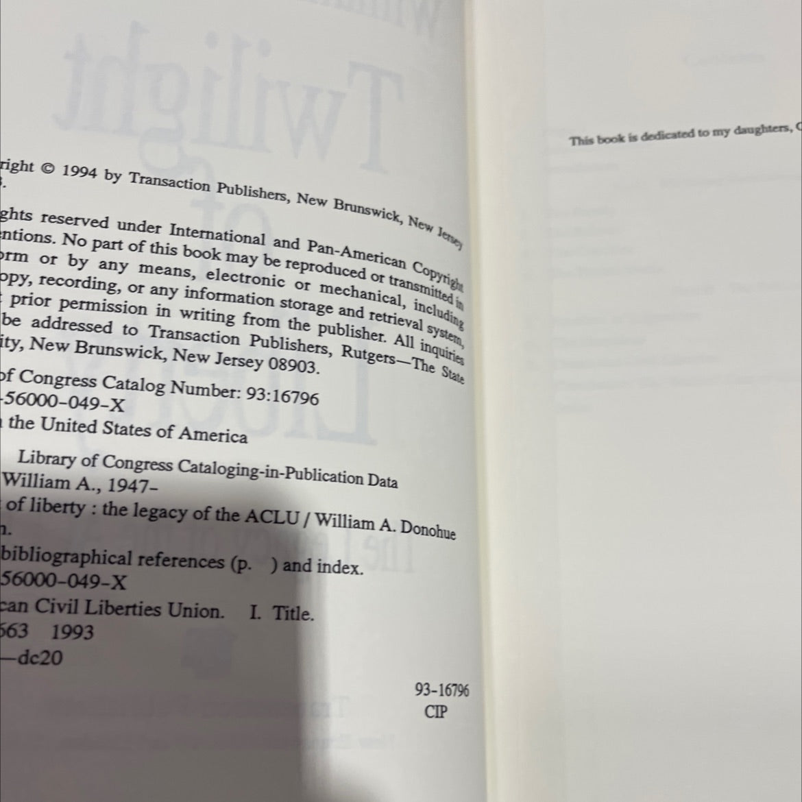 twilight of liberty the legacy of the aclu book, by William A. Donohue, 1994 Hardcover image 3