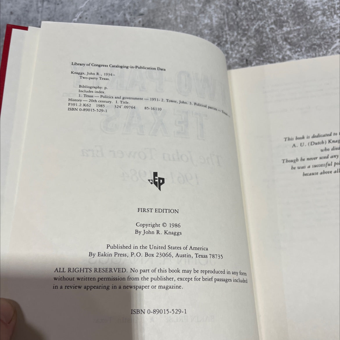 SIGNED two-party texas book, by john r. knaggs, 1986 Hardcover, First Edition image 3