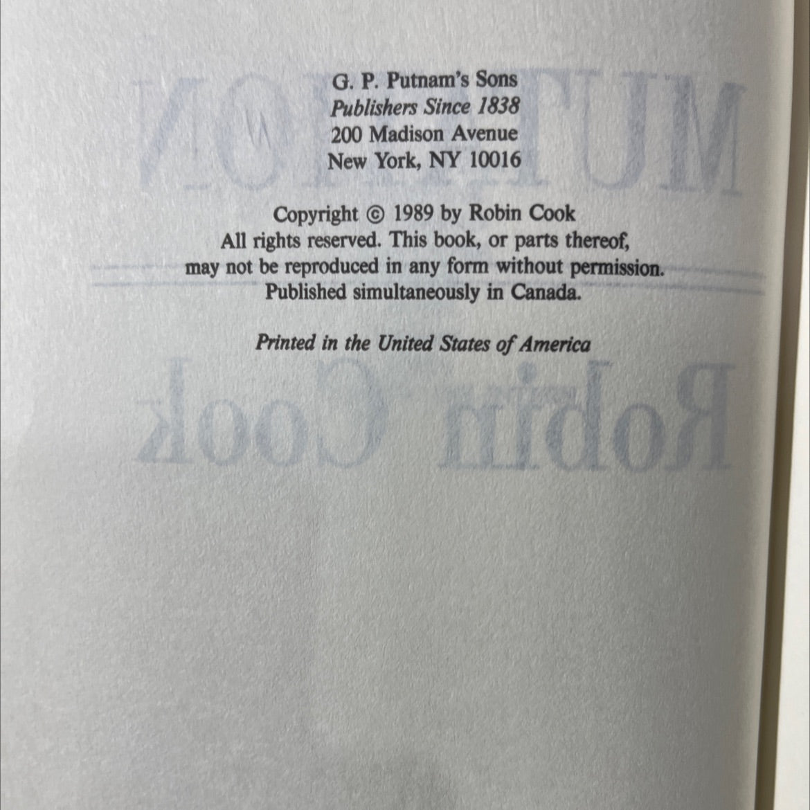 um mutation tern book, by Robin Cook, 1989 Hardcover image 3